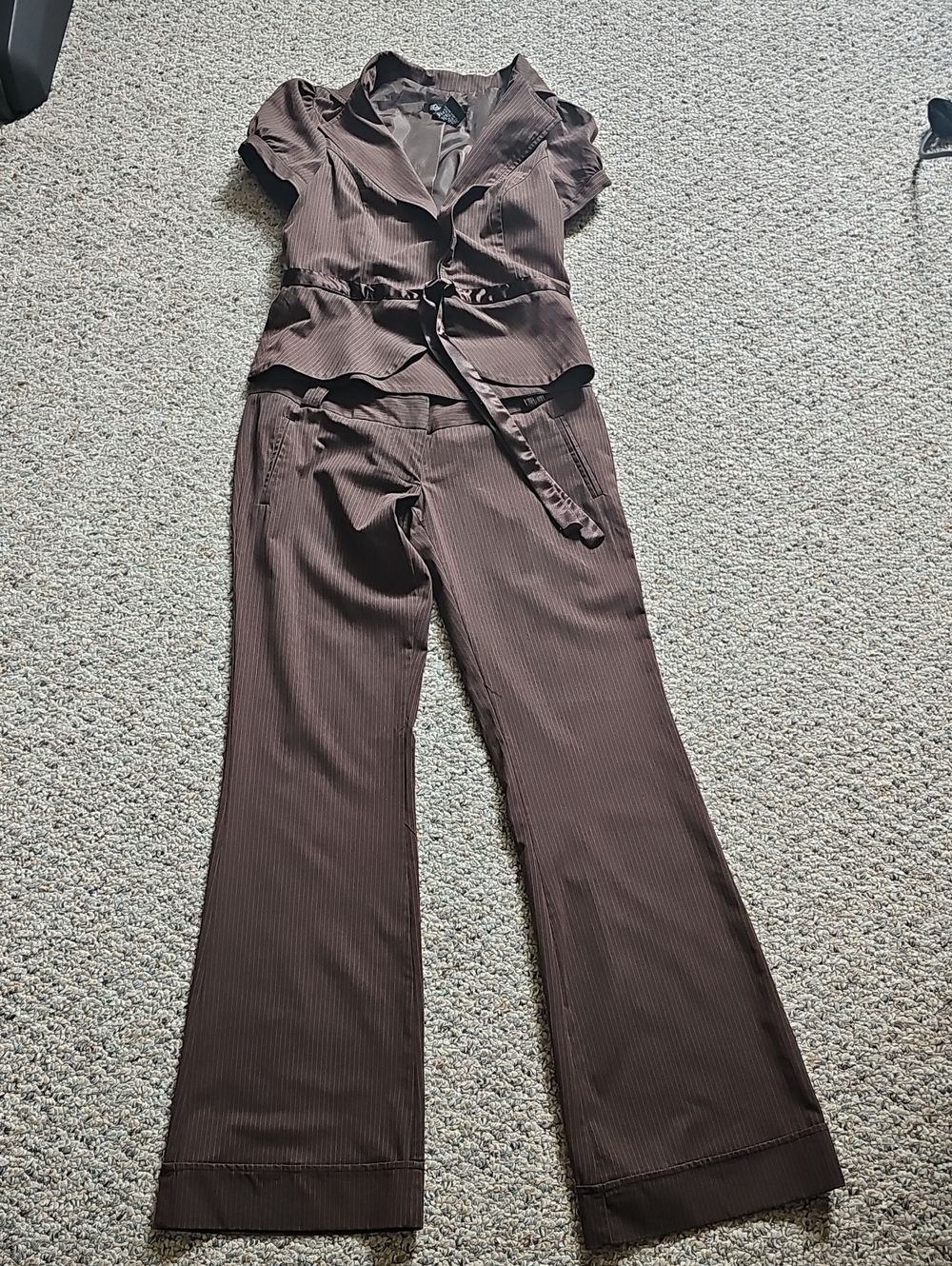 Stooshy Brown Pinstripe Boot-Cut Suit Set